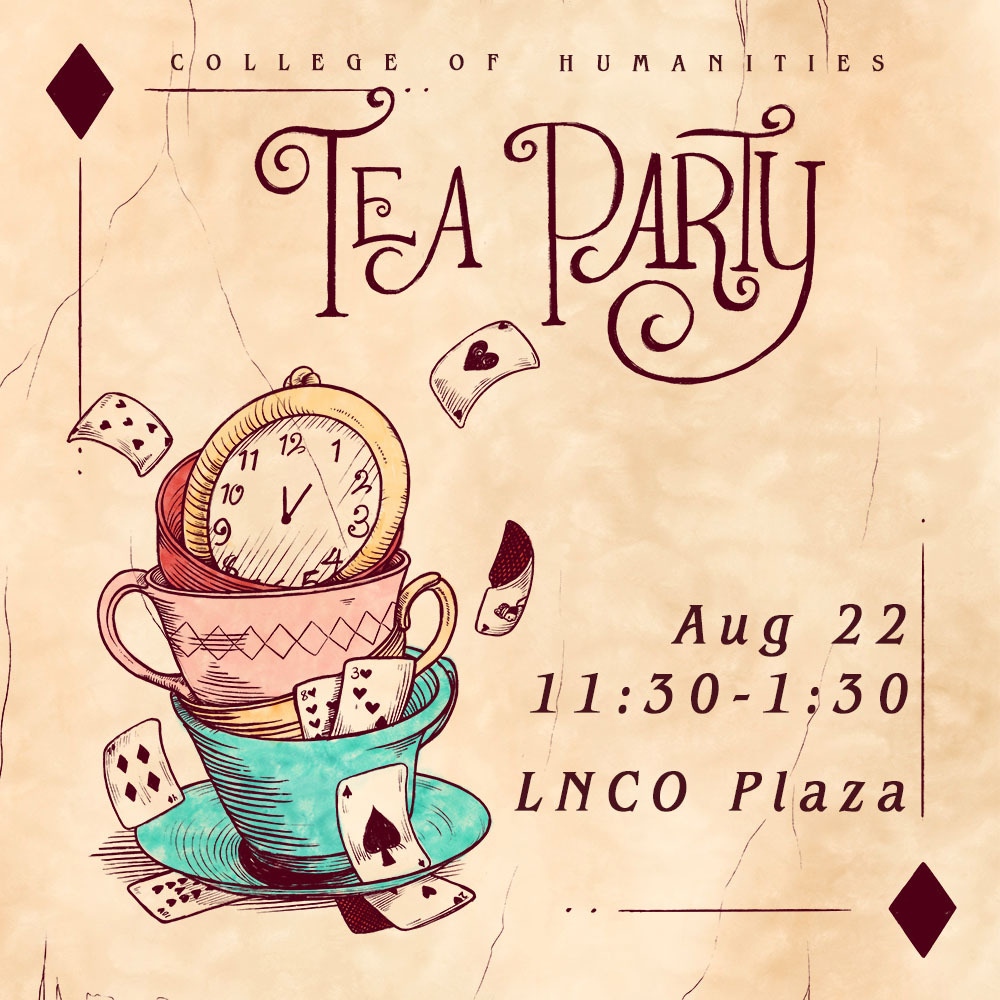 UofUHumanities's tweet photo. "Yes, that's it! Said the Hatter with a sigh, it's always tea time."
It's time once again for the Humani-tea party! Stop by the LNCO plaza on Monday 8/22 from 11:30-1:30 for some iced tea, cookies, and plenty of free humanities swag.
#UofU #UHumanities #UofUHumanities https://t.co/sRRNPy5OBi