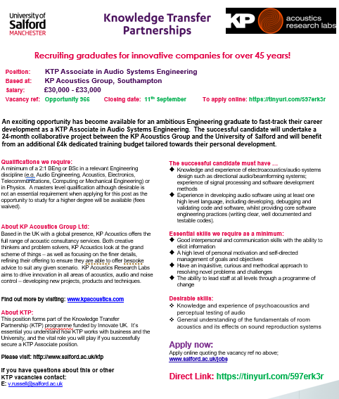 Job Opportunity with us <a href="/SalfordAcoustic/">Salford Acoustics</a> and colleagues <a href="/KPacoustics/">KP Acoustics Group</a> : tinyurl.com/597erk3r

Audio Systems Engineer - (KTP Associate)

Please share :) #engineering #research #jobopportunity