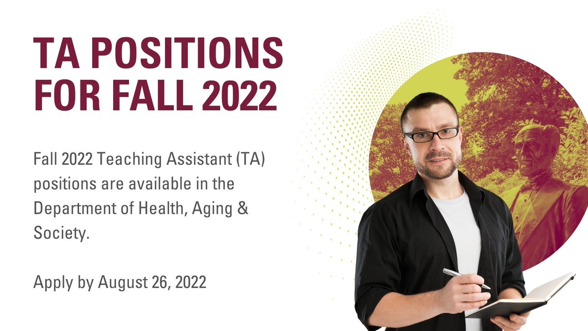 McMasterSocSci's tweet photo. The Department of Health, Aging &amp; Society has Teaching Assistant positions available for the fall 2022 term.  

Learn more: https://t.co/QjnrxMjrz8 https://t.co/lf1fjwlqSh