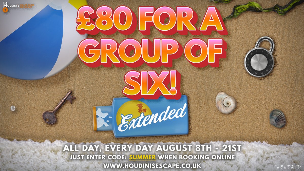 There’s just under a week left!

Book an escape room for a group of 6  and only pay £80!
Just enter code: SUMMER when booking.
Aug 8th - 21st.

houdinisescape.co.uk
T’s &amp; C’s apply.

#escaperoom #escapegame #summer #summerholidays #schoolholidays #deal #offer