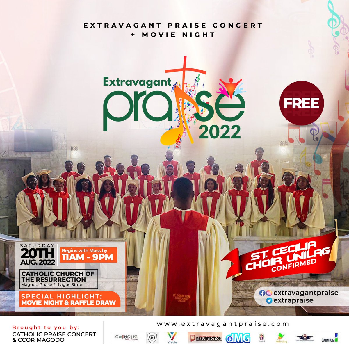 extrapraise's tweet photo. @SCC_Unilag will be live at #Extravagantpraise!!! 

Happening live at Catholic Church of Resurrection Magodo Lagos on the 20th of August, 2022. It will begin with the Holy Mass by 11am.

Admission is FREE!!!

Join us for an #ExtravagantPraise 

Media partner @dominican_media https://t.co/DTuW4VecbQ