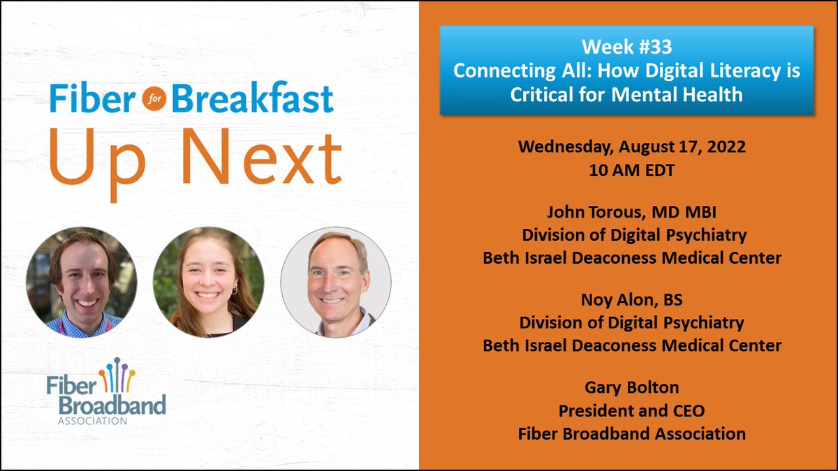 This week on #FiberforBreakfast, we will be discussing #digitalliteracy and its connection to #mentalhealth with <a href="/JohnTorousMD/">John Torous, MD MBI</a> and Noy Alon.

Join us for this conversation on Wednesday, 8/17 at 10 AM EDT: bit.ly/FFB-81722