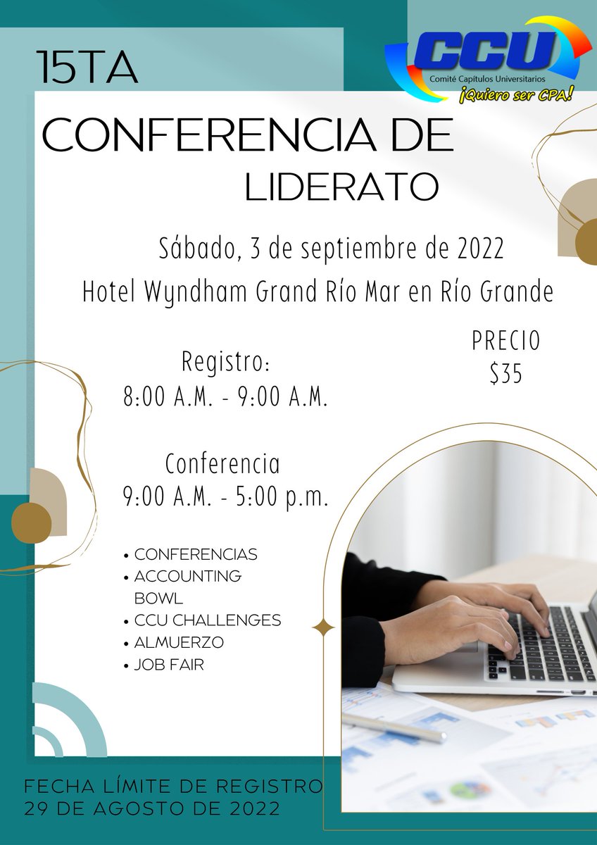 CCUCCPAPR's tweet photo. ¡Saludos, Futuros CPA’s!

El Comité de Capítulos Universitarios del Colegio de Contadores Públicos Autorizados de Puerto Rico los invita a su 15ta Conferencia de Liderato. https://t.co/nms8lVLgwu