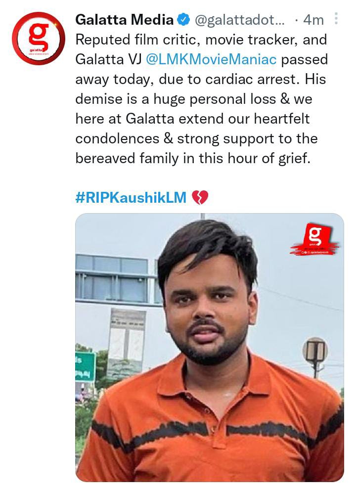 RIAZtheboss's tweet photo. Unable to comprehend this, as I met him just day before... Got no words!!!

My deepest condolences to his family and dear ones. May God give them strength. 
Gone too soon 🌸✨

#RIPKaushikLM
#RestInPeace #KaushikLM https://t.co/dpHh24mWSV https://t.co/7dUcSlEpDX