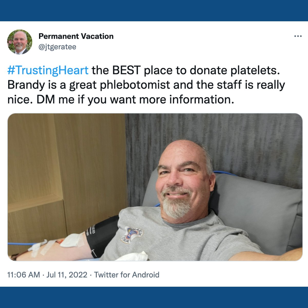 TH_BloodCenter's tweet photo. Congratulations to @jtgeratee for winning a $50 gift card! Thanks @jtgeratee for taking the time to share! You can win $50 too. Post a selfie online with the hashtag #TrustingHeart & you’ll be automatically entered to win. https://t.co/BuGePUSxAb