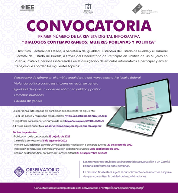 miguelbonillaz's tweet photo. Hoy vence el plazo para enviar artículos para el 1er número de la Revista del #OPPMujer. Y mañana a las 12 @danosys de @ReforestamosMx hablará de participación comunitaria, porque construir democracia trasciende el día de la elección. Se transmitirá en las redes del @Puebla_IEE https://t.co/DgiSFsF9AA