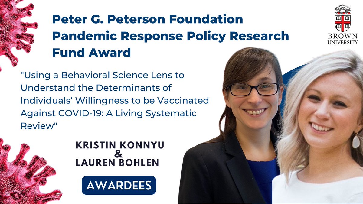 Brown Research (@brownuresearch) on Twitter photo @KristinKonnyu <a href="/BrownHSPP/">Health Services, Policy & Practice Department</a> & <a href="/LaurenCBohlen/">Lauren Connell Bohlen</a> in Behavioral and Social Sciences <a href="/BrownUniversity/">Brown University</a> received the <a href="/pgpfoundation/">Peterson Foundation</a>'s Pandemic Response Policy Research Fund Award to examine why vaccine hesitancy remains an important obstacle to pandemic control.
➡️bit.ly/3BP2sD8 @KristinKonnyu <a href="/BrownHSPP/">Health Services, Policy & Practice Department</a> & <a href="/LaurenCBohlen/">Lauren Connell Bohlen</a> in Behavioral and Social Sciences <a href="/BrownUniversity/">Brown University</a> received the <a href="/pgpfoundation/">Peterson Foundation</a>'s Pandemic Response Policy Research Fund Award to examine why vaccine hesitancy remains an important obstacle to pandemic control.
➡️bit.ly/3BP2sD8