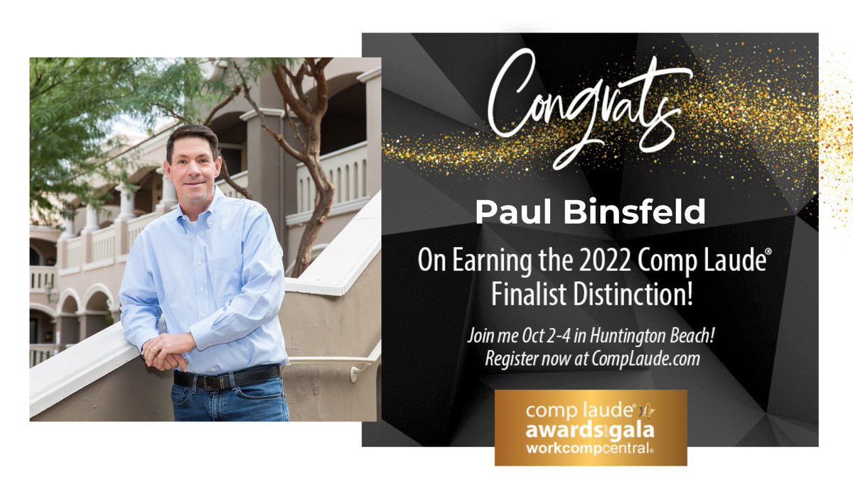 paulbinsfeld's tweet photo. I’m honored to be named a @WorkCompCentral Comp Laude Awards finalist!
#complaudegala #workerscomp #complaude https://t.co/UUXR4DpgLx