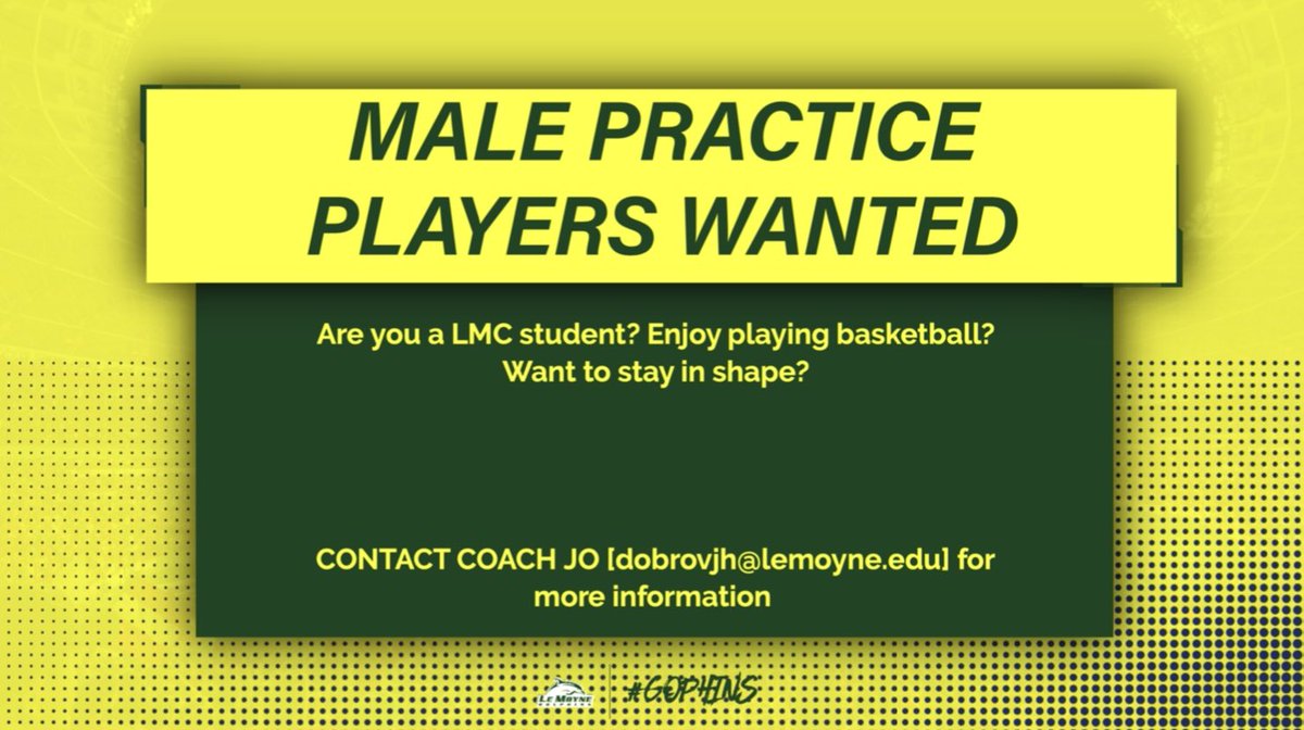 LeMoyneWBB's tweet photo. 🚨Looking for some male practice players for the 22-23 season! Tell all your friends 👀🚨 
#HelpWanted 
#PhinsUp https://t.co/C2IOjrFuUh