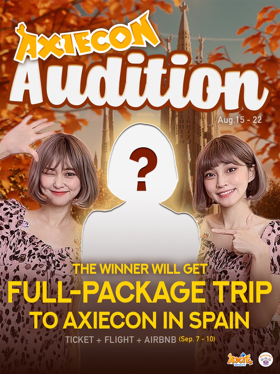To celebrate #AxieCon, we're hosting a talent Audition!

The winner will get ALL this : 
🎟Ticket
✈️Flight 
🏠Airbnb 
for AxieCon in Barcelona🔥

+ more!

#AxieCon_Audition 
<a href="/AxieInfinity/">Axie Infinity</a>

Don't forget to RT &amp; Like 😘

📜:axiesisters.substack.com/p/axiecon-audi…