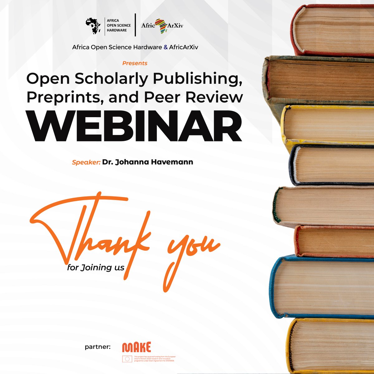 AfricaOSH's tweet photo. Thank you for joining us for the Open Scholarly Publishing, Preprints, and Peer Review Webinar.
Access the full recording here: https://t.co/FbCHtGmJen
Access the presentation here: https://t.co/qTHVPMejfZ
#AOSH #Webinar #AfricaOSH #OpenScience #Webinar #Publishing https://t.co/VTcnB4jijx