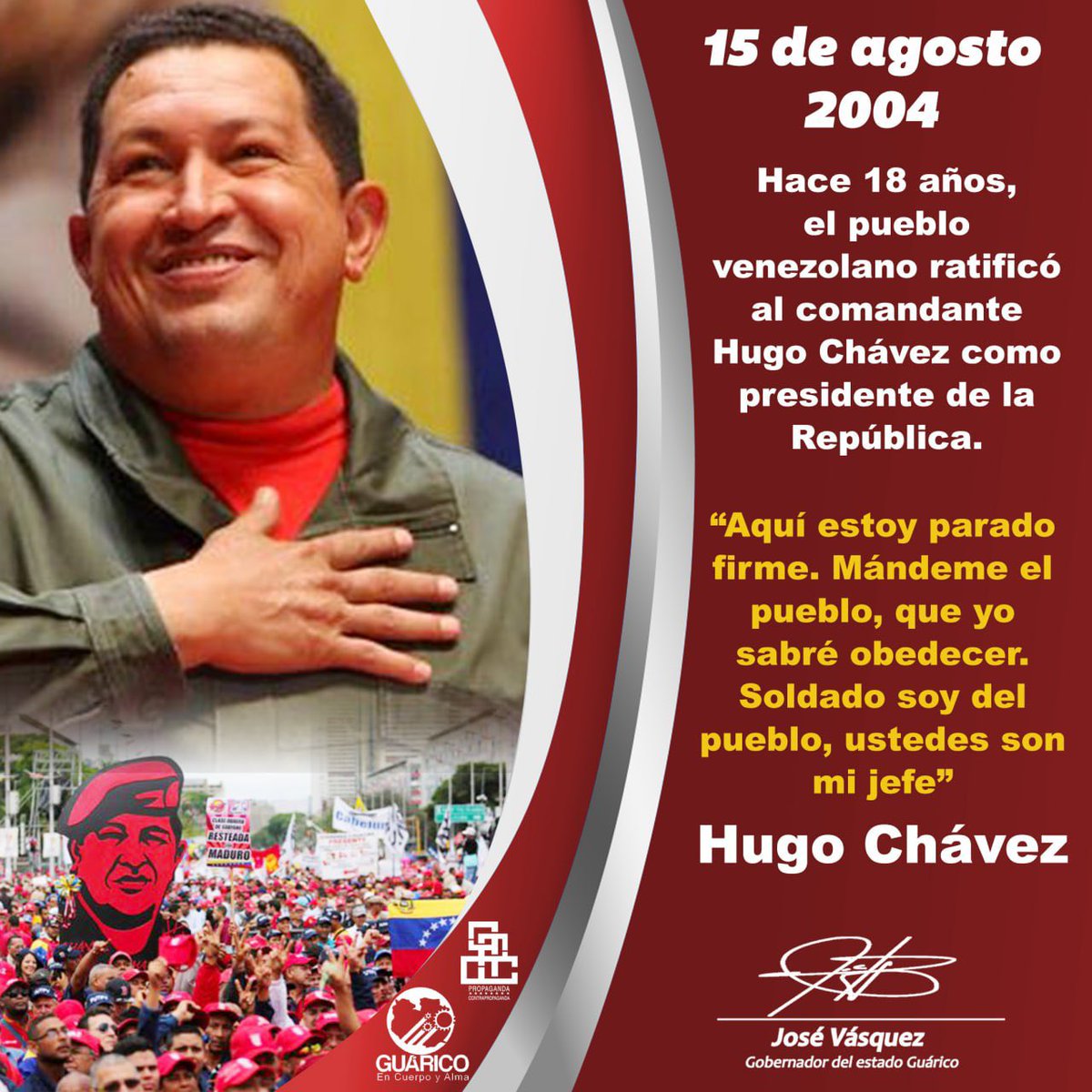 Hace 18 años nuestro pueblo ratificó a través del referéndum al Comandante Eterno Hugo Chávez como Presidente de la República. La voluntad y conciencia de nuestra gente siempre estará a favor del bienestar de la Patria. ¡Seguiremos venciendo!