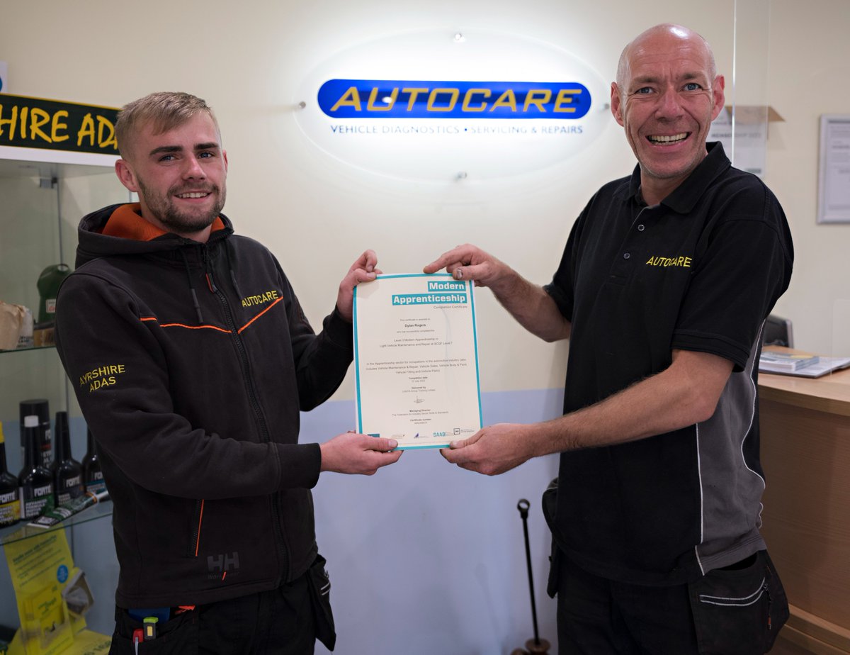 We visited our Apprentice Dylan Rogers in Ayr today to see him being presented with his <a href="/skillsdevscot/">Skills Development Scotland</a> funded MA certs by Boss Scott Rawson - well done Dylan all the very best for the future and thanks to Ayr Autocare for selecting Bosch to be their apprentice training partner