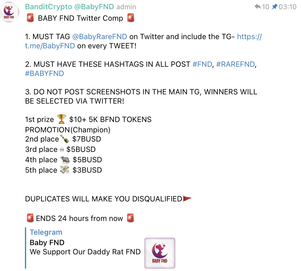 BabyRareFND's tweet photo. ๐จBABY FND Twitter Competition๐จ #BABYFND #FND #RAREFND #crypto #cryptocurrency #cryptocurrencies #cryptotrading #btc #eth #bnb https://t.co/dh6M00WTDh