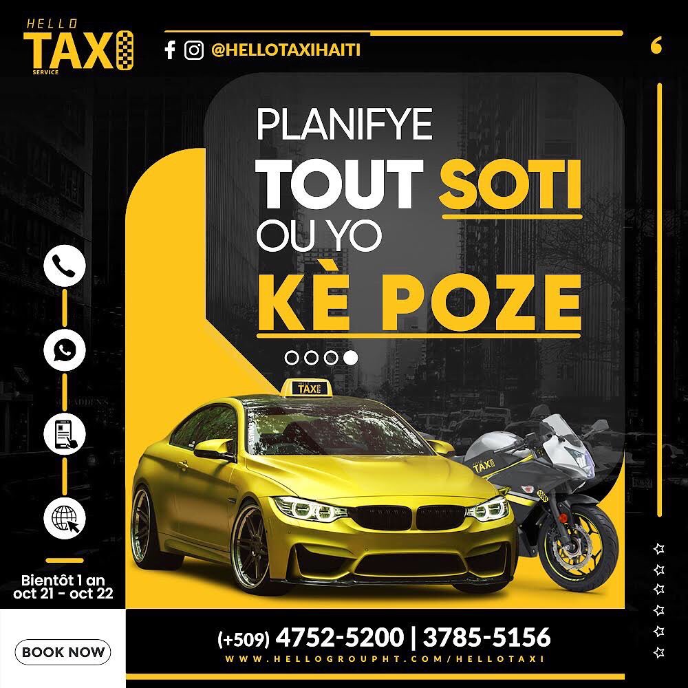 hellotaxihaiti's tweet photo. 🚖 🏍 Planifye Tout Soti Ou Yo #kèpoze ak @hellotaxihaiti 

Rezève 1 semèn anvan 
~Ti soti w
~Ti lanmè w
~Ti Pisin ou
~Abonman pou Lekol ou
~Abonman pou Travay ou
~Aller-Retour pou Airport
~Lew sot nan fèt pou al lakay ou
~Deplasman w Pou Hotel, Club, Restaurant, Market, Studio https://t.co/yYmsaVzCVL