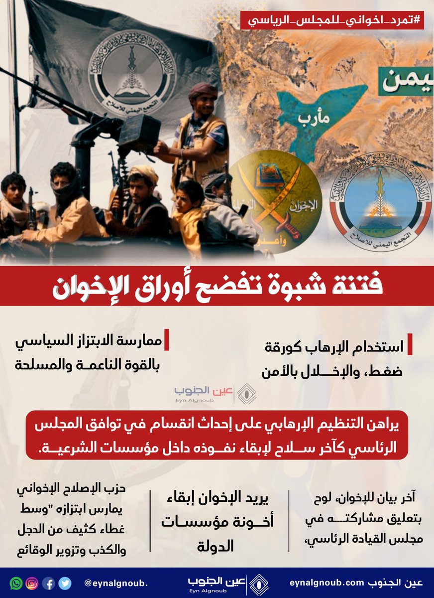 حرب #شبوة أظهرت حقيقة حزب #الاصلاح_حزب_التمرد_والارهاب حيث ظهر عدائهم للوطن و #المجلس_الرئاسي وهجمومهم على التحالف العربي متنكرين لكل ما قدمه ويقدمه الى الآن من أجل اليمن وأمنه واستقراره .
#الاصلاح_عدو_المجلس_الرياسي