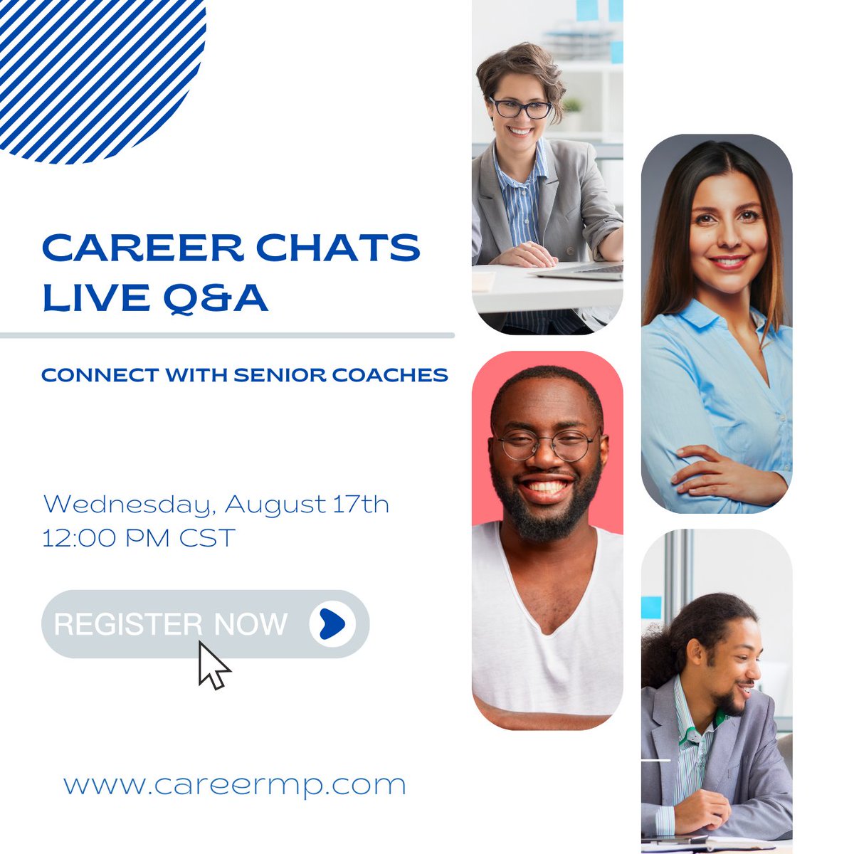 Join us for this month’s free Career Chats Live Q&amp;A with CMP senior career coaches. Meet with Jan Moorman and Brian C. Allen online Wednesday, August 17th at 12:00PM CST.

#careercoaching #careeradvice #jobseeker #jobsearching

Register Now:
hubs.li/Q01jv5G00