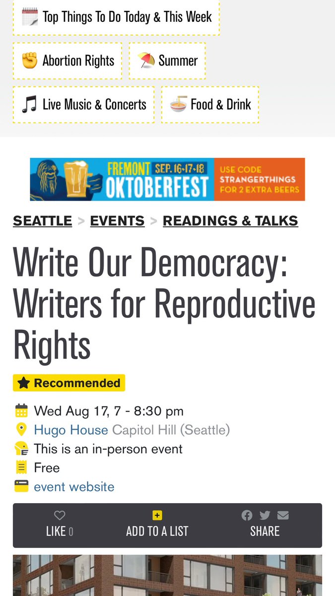 Writers For Reproductive Rights is a recommended event! See you <a href="/HugoHouse/">Hugo House</a> 8.17 for a reading for reproductive rights + info and opportunities to donate to <a href="/nwaafund/">Northwest Abortion Access Fund (NWAAF)</a>                                    everout.com/seattle/events…