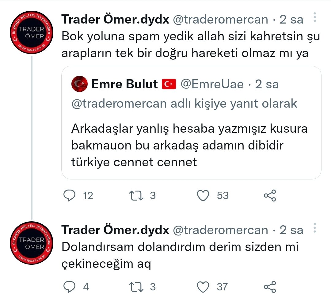 Arkadaslar hesap şuan saldırı altında
Az önce <a href="/traderomercan/">Trader Ömer</a> hesabına saldıran <a href="/EmreUae/">Emre Bulut 🇹🇷</a> etrafına topladığı sahte hesaplarla hesabı spamlatiyor.

Bizi bilen bilir
Dostlari şimdi burda görme vaktidir..

Spamlayan grup Suriyeli Afgan hepsi var..