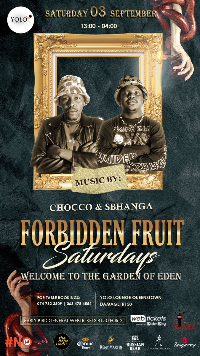 doperoom_africa's tweet photo. Forbidden Fruit Saturdays,
Only @yololoungqtn
Introducing the first wave of our line up. The Eastern Cape's musical Heroes @londonrootsboiz, Jhb Crowd Shakers @choccoglobal & @sbhanga and the ever so smooth @_orange.juice____
We are just getting started 🔥🔥
#FFS #YOLOSUMMER https://t.co/Hy09INR58x