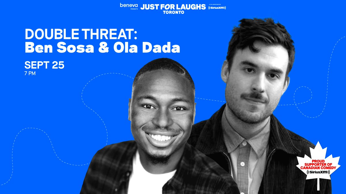 JFL_TORONTO's tweet photo. What's better than 1 hilarious Canadian comedian? 2 of course 💅 @bensosawright &amp; @showtimedada are joining forces as co-headliners for The 42 on the JFL Toronto stage September 25 🔥 Tickets and festival passes are on sale NOW: https://t.co/rlh00amay8 https://t.co/Tcn3lrzg1o