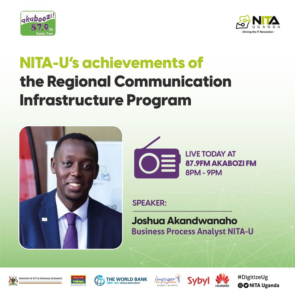 akajosh1's tweet photo. Will be on @AkabooziFm today at 8pm okutangaaza kubyetuseeko nga engwanga mu buwera bya Regional Communication Infrastructure Program #RCIP 

@NITAUganda1 @NITAUgandaED @colmug https://t.co/qELS8F2UjL