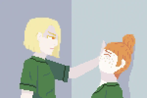I was in the mood to draw #pixelart of my original characters, so...A hand in the way."Look at me," Delphine demands, closing her eyes that Aoife might see the frustration on her face.Suddenly her eyes snap open, and Aoife's snap closed in response."We are *not* doing this." 