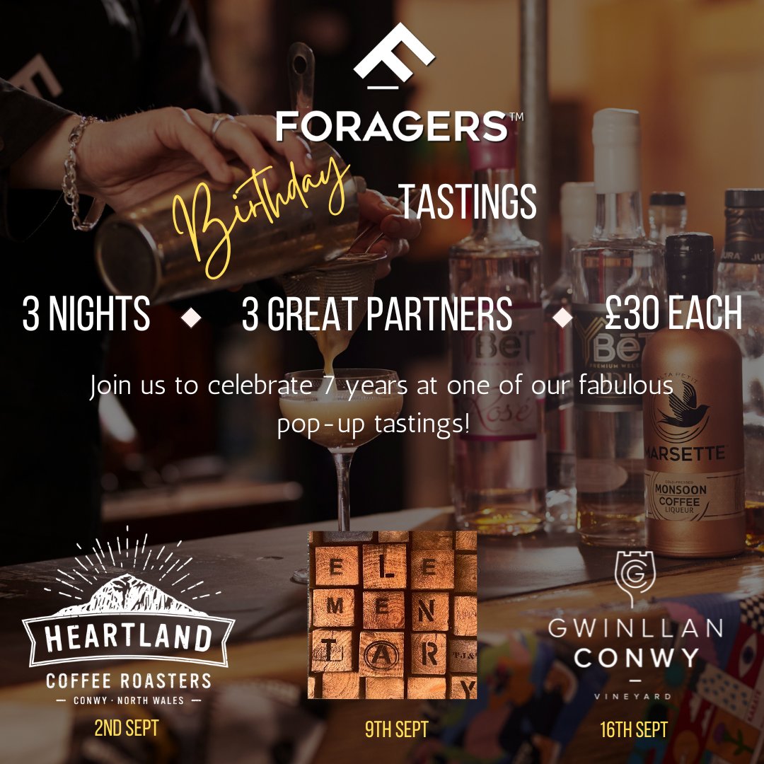 ForagersGin's tweet image. Join us in celebrating 7 years!

We are hosting 3 tastings with 3 amazing partners here in North Wales.

2nd Sept @ @HeartlandCoffi 
9th Sept @ Elementary by The Grape to Glass
16th Sept @ @Conwyvineyard 

All tickets available here - bit.ly/2SoPzvi