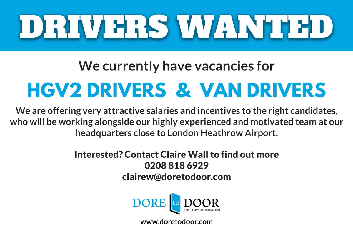 DoreToDoor2018's tweet photo. Very attractive salaries and incentive packages!
EXPERIENCED HGV2 DRIVERS &amp; VAN DRIVERS REQUIRED LONDON HEATHROW AREA
Contact Claire Wall clairew@doretodoor.com
0208 818 6929
#jobopportunities #jobsearch e #vandriver #drivingjobs #hgvjobs #HGVdriver #HGV2 https://t.co/3kJoskrUcv