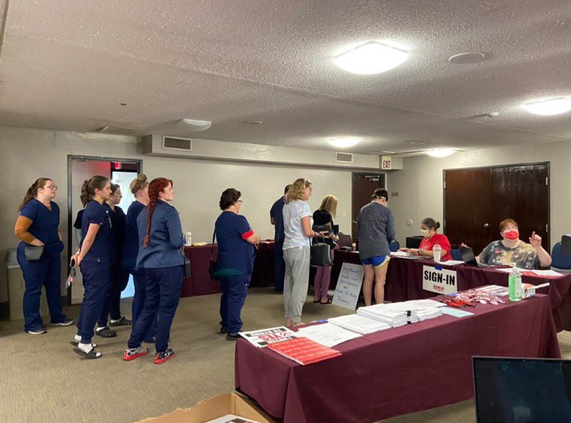 mnnurses's tweet photo. Nurses are fired up and lined up to vote! #Yes2Strike #MNAReady #PatientsBeforeProfits #UnionStrong #1u https://t.co/Y4geA2Ty7E