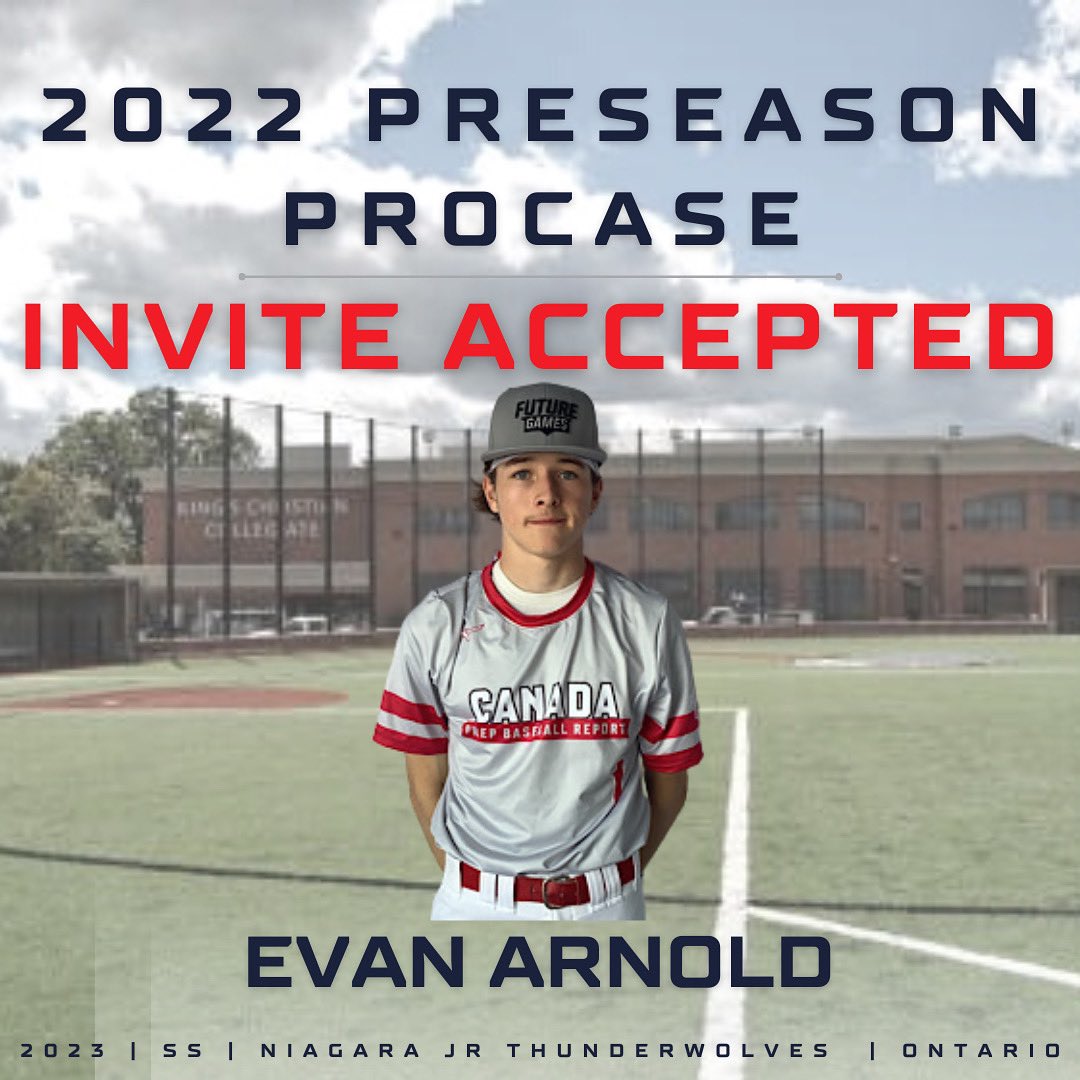 PrepBaseballON's tweet photo. ✍️𝐈𝐍𝐕𝐈𝐓𝐄 𝐀𝐂𝐂𝐄𝐏𝐓𝐄𝐃✍️

‘23 SS Evan Arnold is headed to the 𝟐𝟎𝟐𝟐 𝐏𝐫𝐞𝐬𝐞𝐚𝐬𝐨𝐧 𝐏𝐫𝐨𝐂𝐚𝐬𝐞 on August 17th. 

Arnold was a 2022 Future Games participant. 
 
#ProCase22 https://t.co/wMWSXRx45c