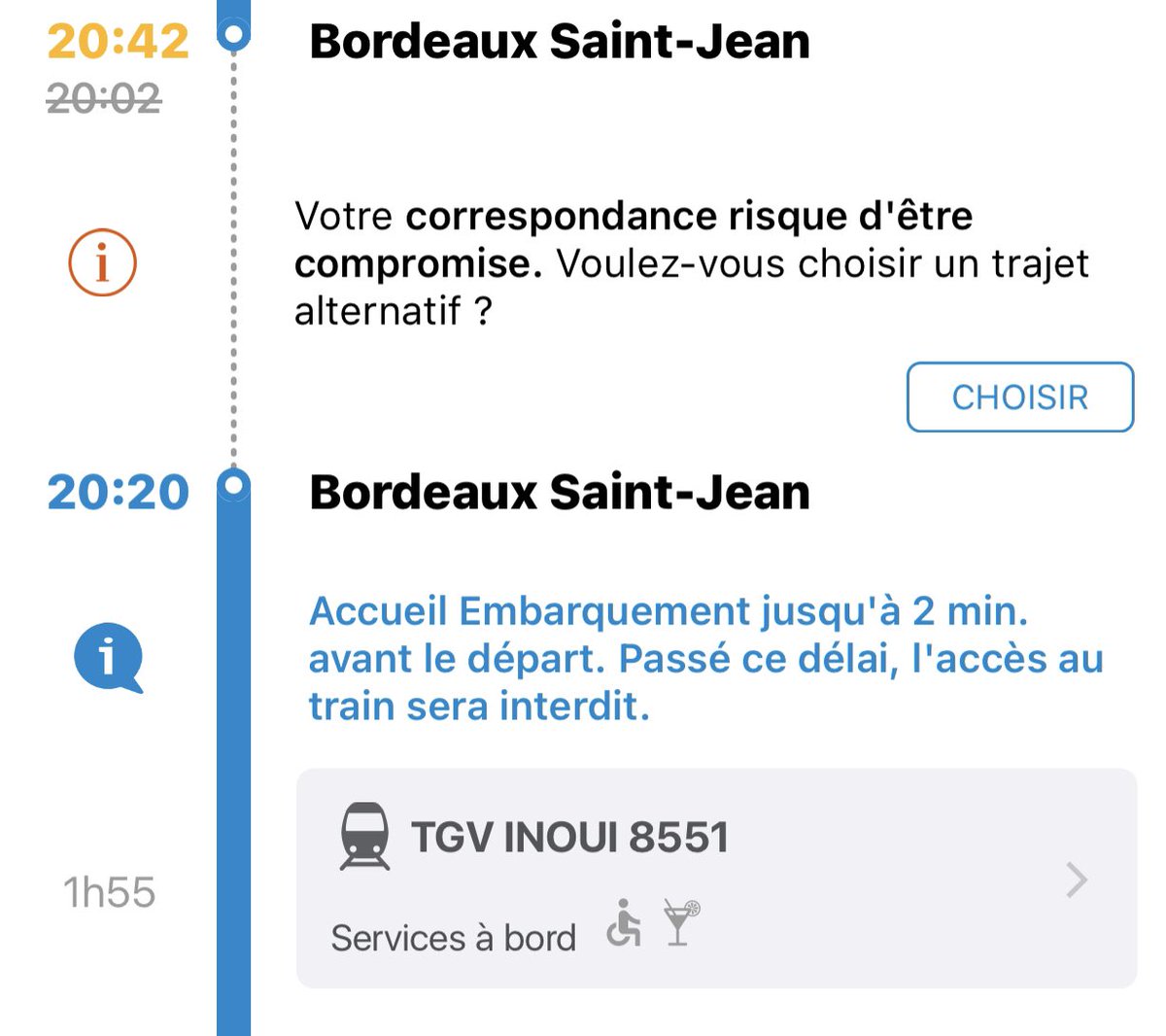.<a href="/SNCFVoyageurs/">SNCF Voyageurs</a> salut c’est possible de faire attendre mon TGV 20 minutes de Bordeaux, comme ça je retrouve mon amie <a href="/a2linemallet/">Adeline Mallet</a> à Biarritz Ps: je vis à Montréal et j’ai pas vue depuis longtemps! Ça compte non?