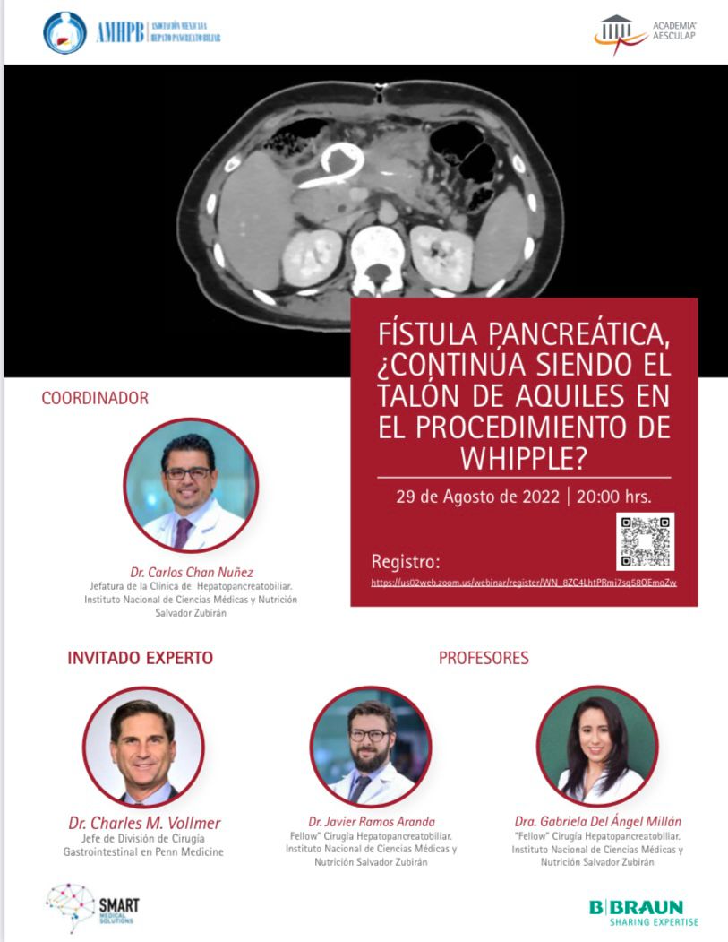 Te invitamos a participar en la Sesión Académica de agosto: FÍSTULA PANCREÁTICA, ¿CONTINÚA SIENDO EL TALÓN DE AQUILES EN
EL PROCEDIMIENTO DE WHIPPLE?  
Ingresa desde: us02web.zoom.us/webinar/regist… 

#amhpb #amhpb2022 #SesionesAcademicas #asociacionmexicanahepatopancreatobiliar