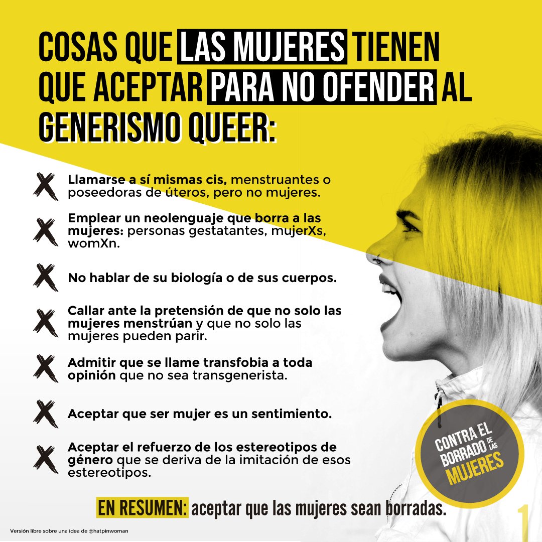 ContraBorrado's tweet photo. Cosas que las mujeres tienen que aceptar para no ofender al transgenerismo queer:
1- Un neolenguaje que nos borra https://t.co/1yhar35jXU