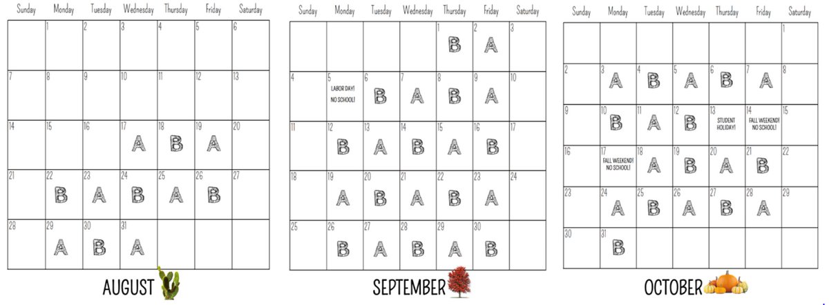 A/B days have you a bit confused?! Here's a nifty 1st nine weeks calendar that tells which day is A/B! Thanks Mrs. Moorhead!