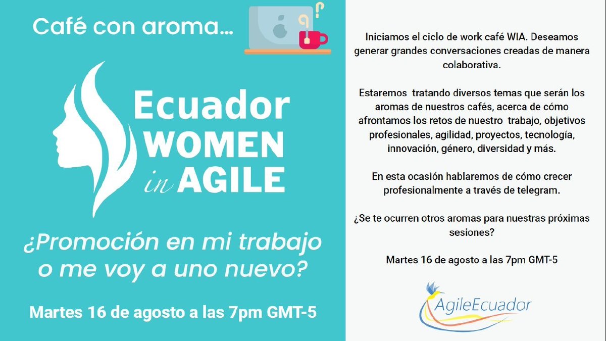 Ya te registraste en Telegram? No te quedes fuera t.me/AgileEcuador #agile #agility <a href="/WomenInAgileEcu/">WomenInAgileEcuador</a> <a href="/womeninagileorg/">WomenInAgile</a> nos vemos mañana 16 de agosto, 7pm gmt-5
