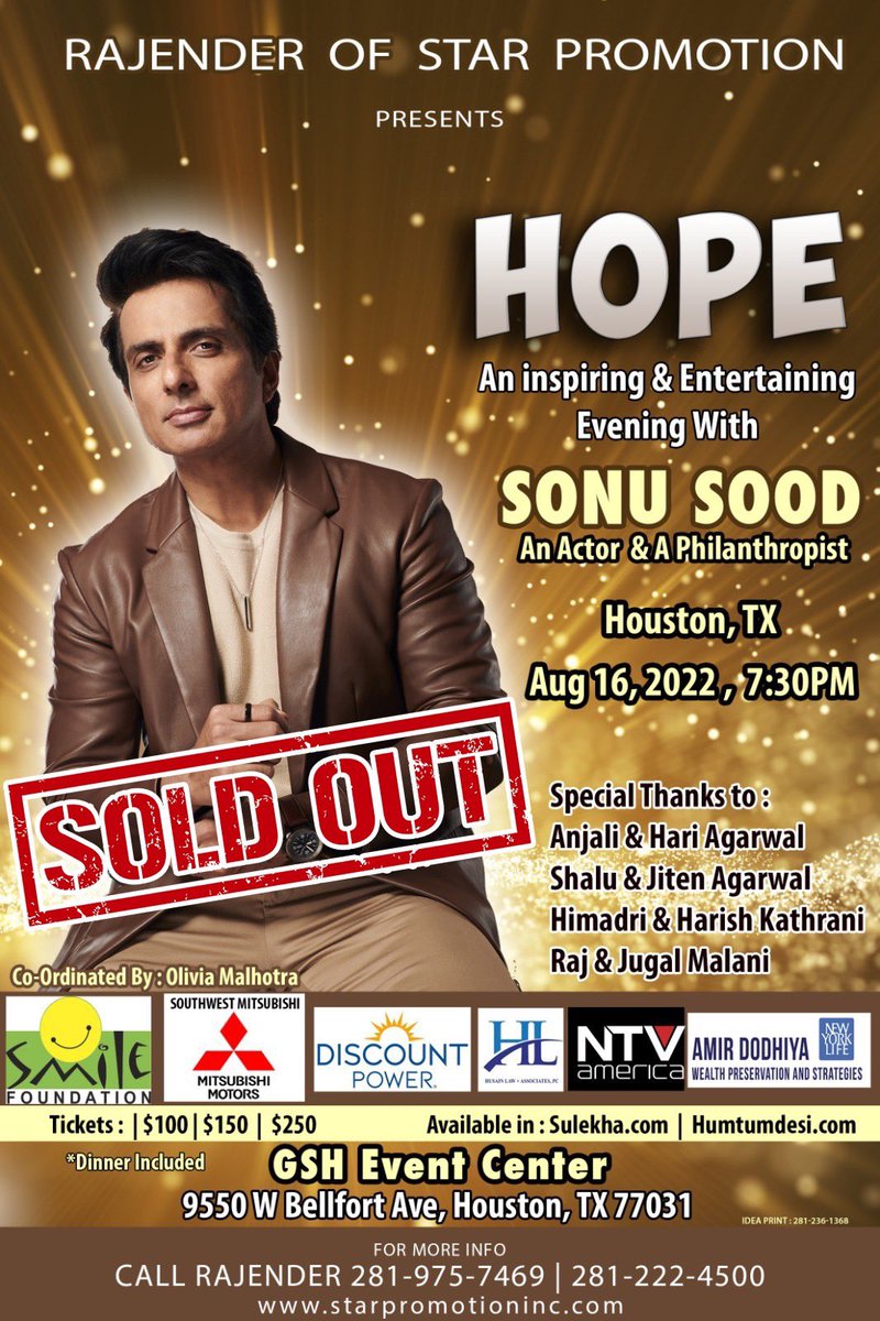 Rajenderpahl's tweet image. Our August 16th event “HOPE” by the actor and philanthropist Sonu Sood, a true inspiration to millions is SOLD OUT!! Thank you Houston and a big thanks to our Sponsors. Be ready for a memorable evening tomorrow. @SonuSood