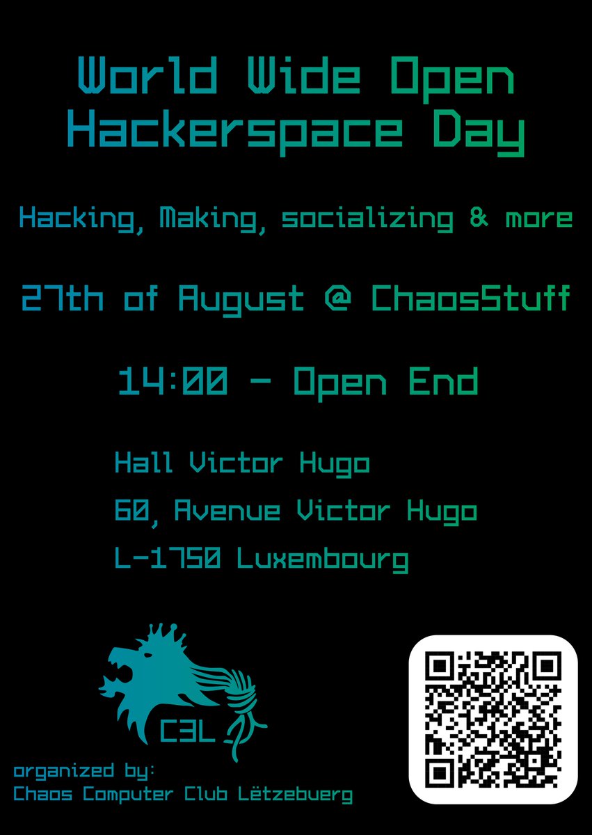 CCC Lëtzebuerg (@c3l_) on Twitter photo On the 27th of August, starting at 14 o'clock, we open our doors for the "World Wide Open Hackerspace Day". Want to get to know us? You're very welcome to join us in our <a href="/chaosstuff_/">ChaosStuff</a> ! wiki.c3l.lu/doku.php?id=ev… On the 27th of August, starting at 14 o'clock, we open our doors for the "World Wide Open Hackerspace Day". Want to get to know us? You're very welcome to join us in our <a href="/chaosstuff_/">ChaosStuff</a> ! wiki.c3l.lu/doku.php?id=ev…