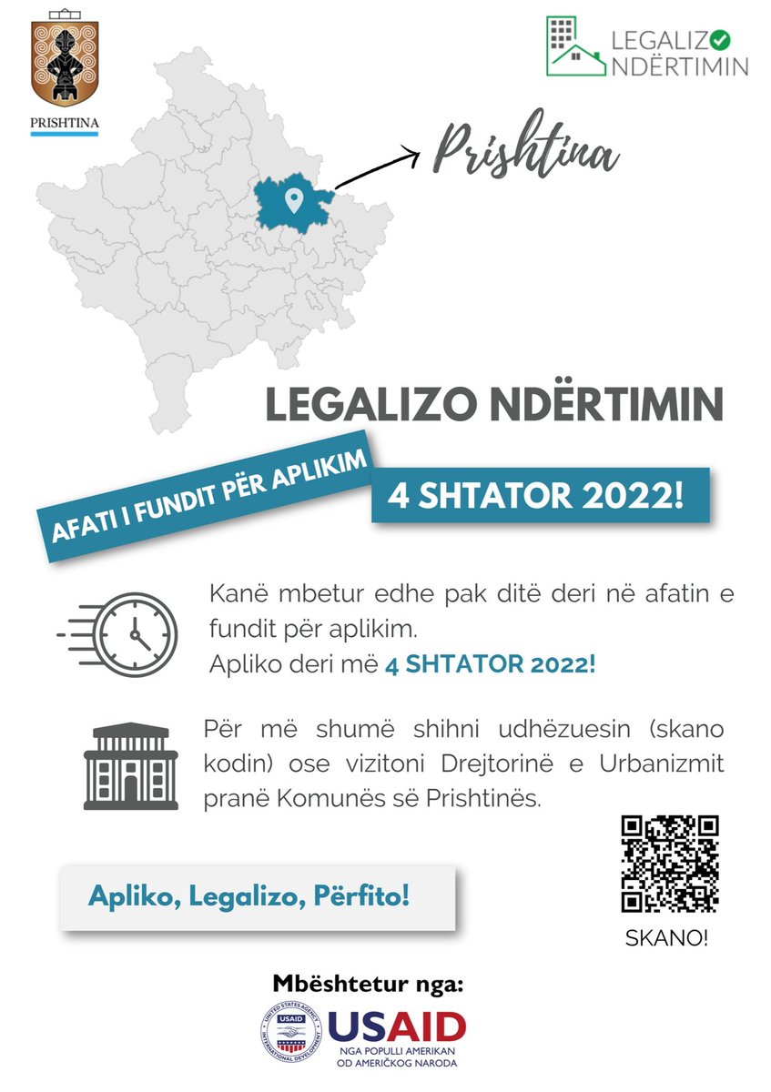⏱Afati i fundit për të aplikuar për legalizim po afrohet!
📣 Ftojmë të gjithë qytetarët e Komunës së Prishtinës që të shfrytëzojnë mundësinë e aplikimit deri më 4 shtator 2022.
Apliko, Legalizo, Përfito!
#legalizondërtimin #Prishtina