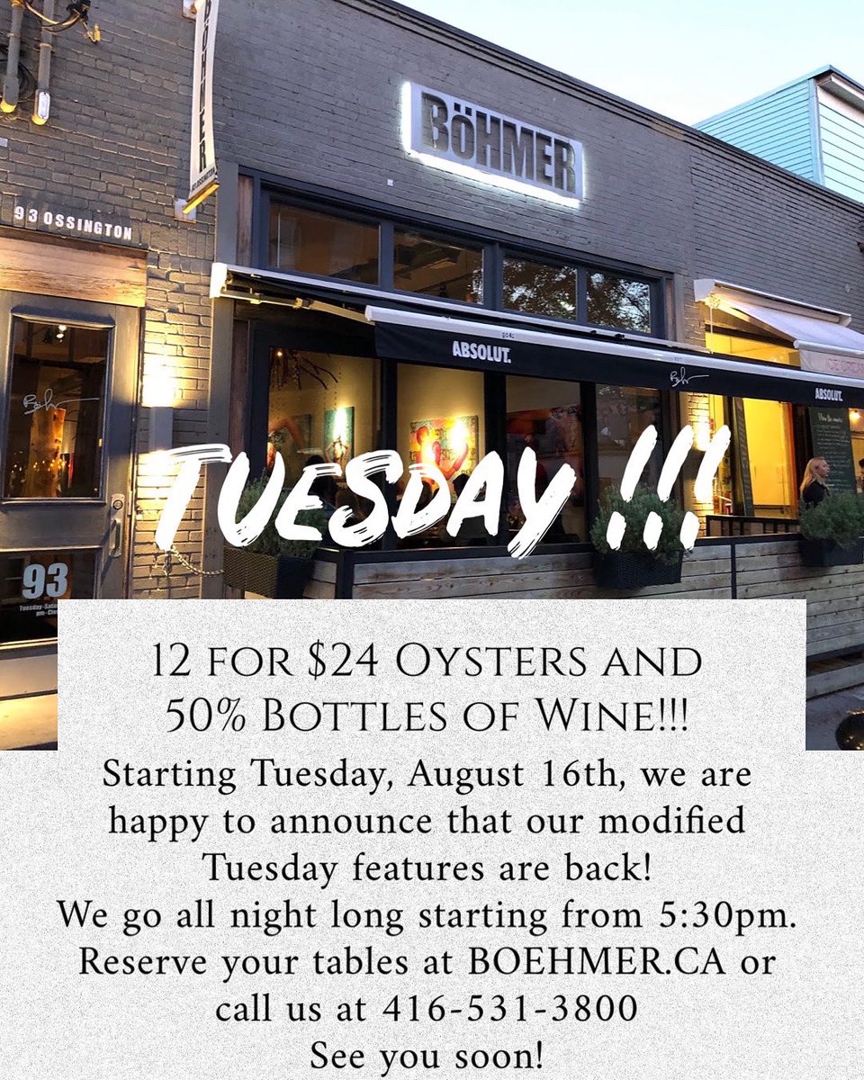 Hello Toronto!

Starting this coming Tuesday, August 16th, we are happy to announce that we are bringing you back our modified Tuesday features.

Starting from 5:30pm onwards, enjoy our 12 for $24 oysters and 50% bottles of wine. 

Book your table now at BOEHMER.CA
