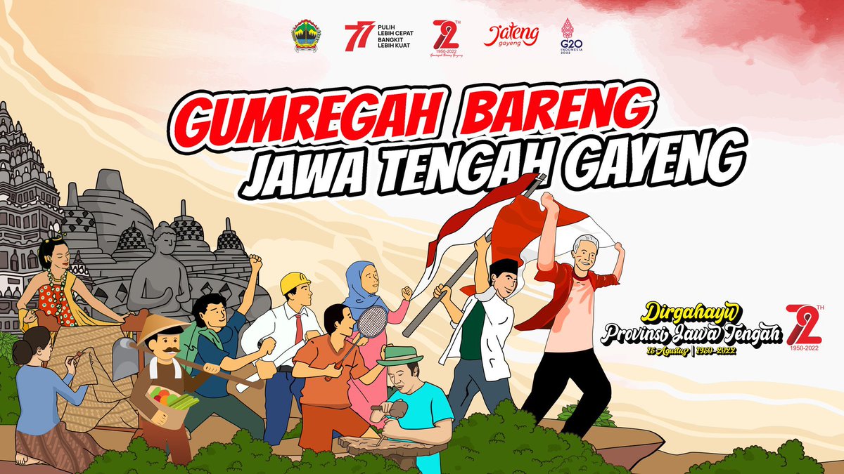 Dirgahayu <a href="/provjateng/">Provinsi Jawa Tengah</a> yang ke 72 Tahun,
"Gumregah Bareng Jawa Tengah Gayeng" yang memiliki arti bersama dengan gembira.

72 tahun tentunya sudah mengalami perjalanan yang cukup panjang.

Semoga makin gayeng, maju &amp; melayani masyarakat dengan semakin baik

#72Jateng #HUT72Jateng