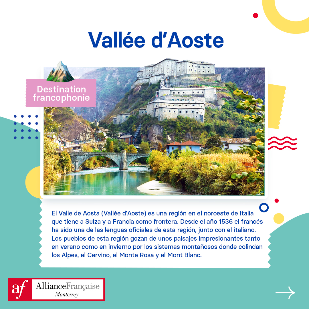 AFmty's tweet photo. Descrubre La Vallée d’Aoste 🇮🇹
Esta región montañosa es un pedacito francófono en Italia, donde se reconoce el francés como una lengua oficial de la región. Aquí puedes disfrutar de las varias estaciones de esquí, así como de los paisajes que ofrece. 🏔⛷
#frances #AFMTY https://t.co/bVk8jnSiwp
