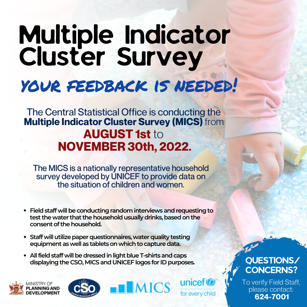 PlanningTT's tweet photo. Your feedback is needed!
The Central Statistical Office is conducting the Multiple Indicator Cluster Survey (MICS) nationwide from August 1 to November 30, 2022. 📊
To see the areas the CSO will be visiting, click here: https://t.co/8DpbyZlQjc 
Please note and share! https://t.co/EyPyDVrN5x