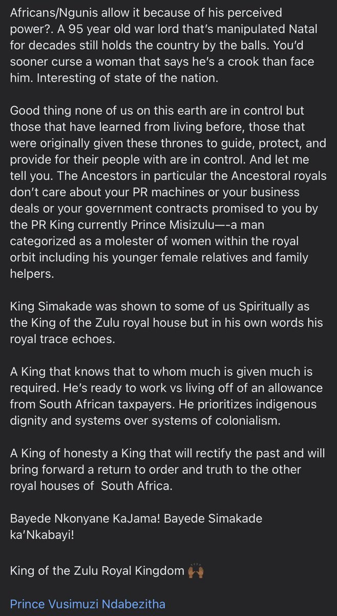 YoliswaHadebe's tweet photo. #Gatsha &amp; co dismiss cultural procedures to suit their goals but the Ancestors &amp; God let you survive the Kraal process because you are the Zulu King as they told some of us prior to your seating on the throne. The mandate to return to order &amp; truth is yours. Bayede #KingSimakade https://t.co/Mh4WDIiM52