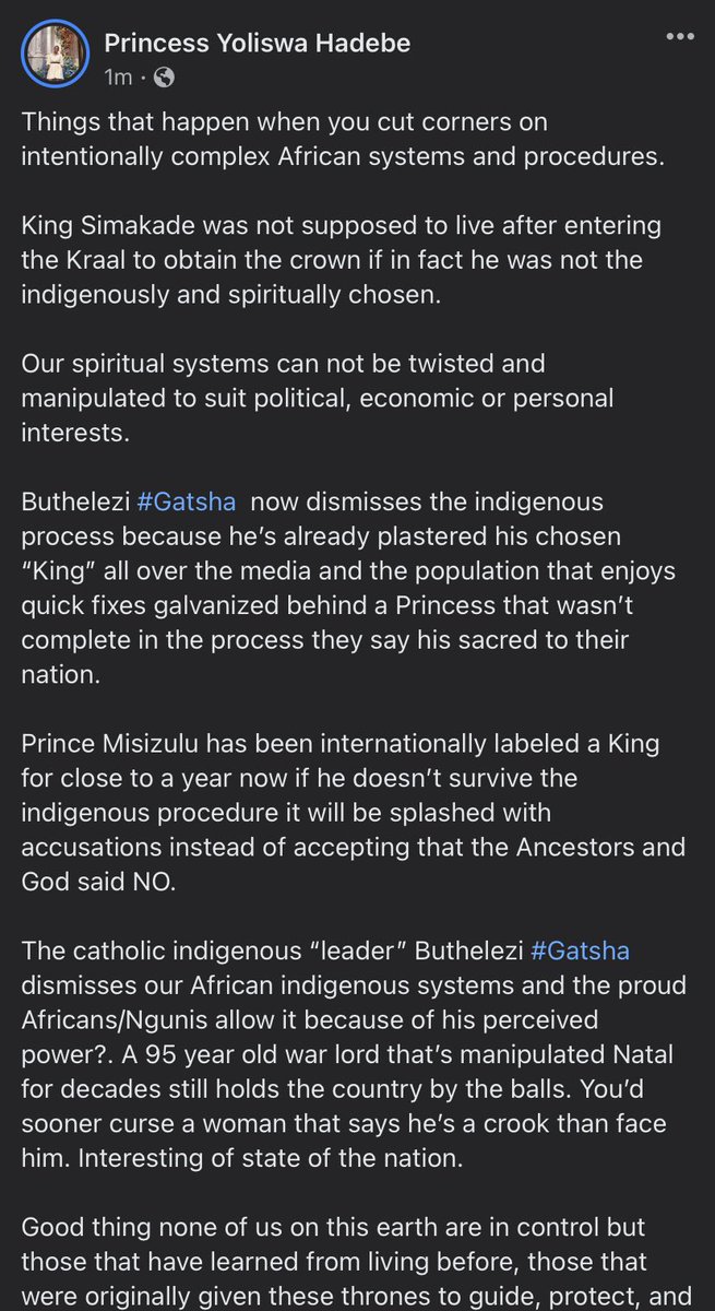 YoliswaHadebe's tweet photo. #Gatsha &amp; co dismiss cultural procedures to suit their goals but the Ancestors &amp; God let you survive the Kraal process because you are the Zulu King as they told some of us prior to your seating on the throne. The mandate to return to order &amp; truth is yours. Bayede #KingSimakade https://t.co/Mh4WDIiM52