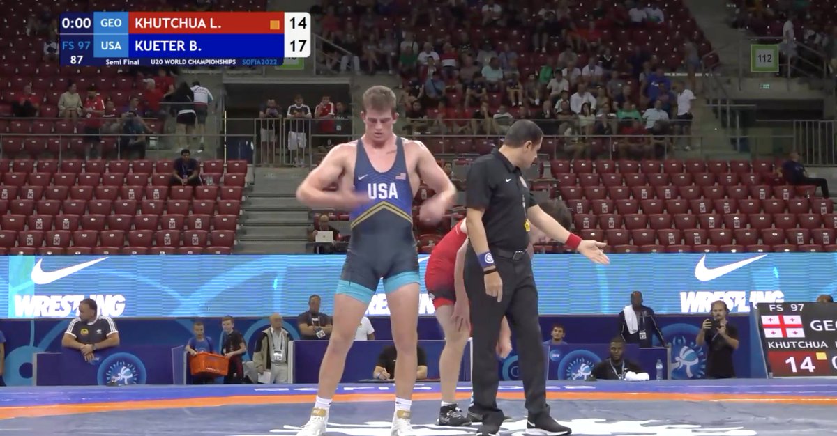 Ben Kueter is headed to the JUNIOR WORLD FINALS.

Rallied from down 8-0 to beat Georgia's Luka Khutchua 17-14 in a WILD semifinal match at 97kg. Tied it 9-9 by the end of the first, led 13-10, then sealed it late.

Ben wrestles for gold tomorrow.

#WrestleSofia #iahswr