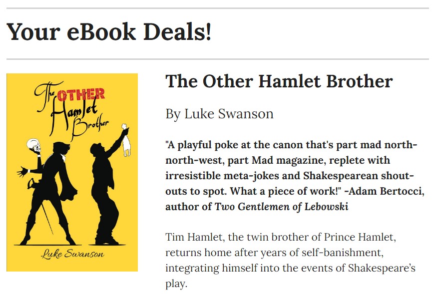 brwpublisher's tweet photo. Your eBook Deals!

New BookBub Feature is here! Get The Other Hamlet Brother today!

https://t.co/U8gtbnQwEn

#ebookdeals #bookbub #bookbubfeature #humor #literary #bibliophile #hamlet #booklife #amreading #read https://t.co/2X27Ht37St