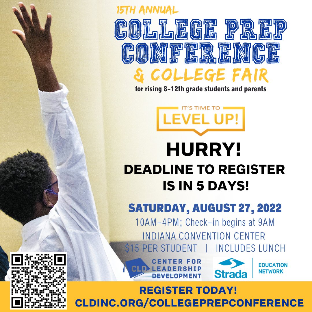 CLDincorg's tweet photo. ONLY 5 DAYS LEFT TO REGISTER FOR CLD College Prep Conference &amp; College Fair at https://t.co/8WcPdee4Ny. Don't miss the opportunity to receive the knowledge and skills needed to build a successful and comprehensive academic, college and career path. https://t.co/UOA8DovO6j