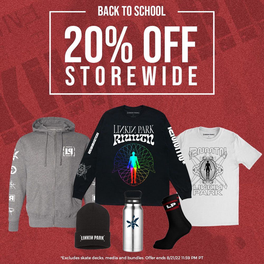 linkinpark's tweet photo. The Back to School Sale is happening now. Take 20% off storewide in the official Linkin Park Store: https://t.co/8hf3z89M7h https://t.co/E8dXrRUe3D