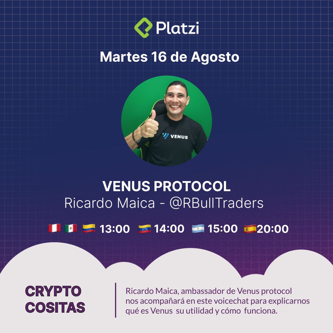 arlettemsalase's tweet photo. El día de mañana en el grupo de #Cryptocositas de la Escuela de #Blockchain y #Criptomonedas de @platzi tendremos al increíble @RBullTraders que nos hablará sobre @VenusProtocol.

Si tienes tu suscripción activa ¡No te lo pierdas! https://t.co/ufKlQ3l8fS